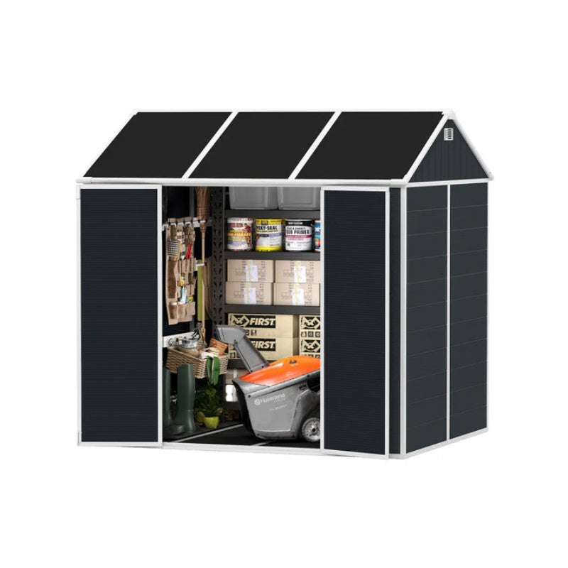 8*7ft Outdoor Storage Shed, Outdoor Resin Shed with Two-Window and Double-Door, Plastic Shed with Floor for Garden, Patio, Yard, Lawn (Dark Gray)-海智集-Default-