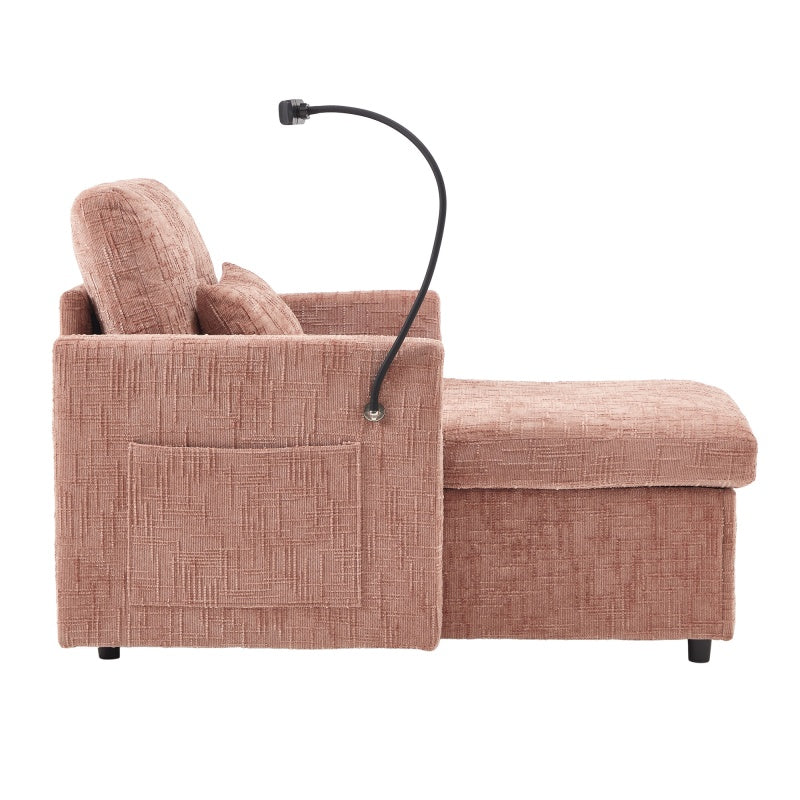 Multifunctional Lazy Person Sofa Recliner with Storage Backrest and Cell Phone Bracket in Pink Chenille for Living Room and Bedroom-海智集-Default-
