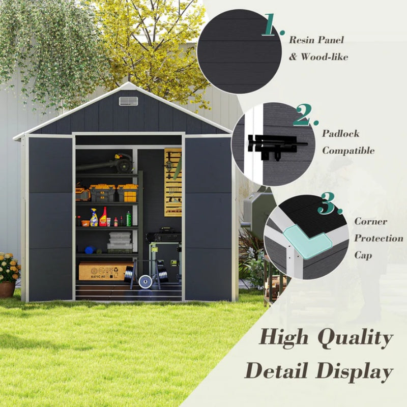Campcraft 8*8ft resin storage shed, high quality pp material, strong structure, waterproof, rust and UV proof, large storage space, 12mm thick pp board, HD window lighting Dark gray-海智集-Default-