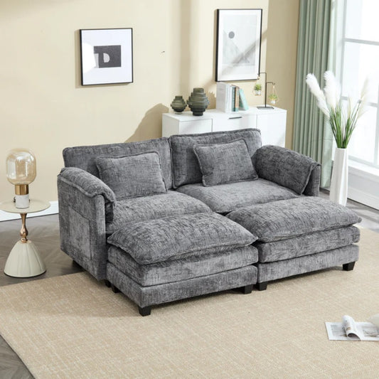 UNITED WE WIN Chenille fabric, solid construction, the overall structure of the sofa is stable, detachable armrests, two foot stools and two-seat sofa with side pockets-海智集-Default-