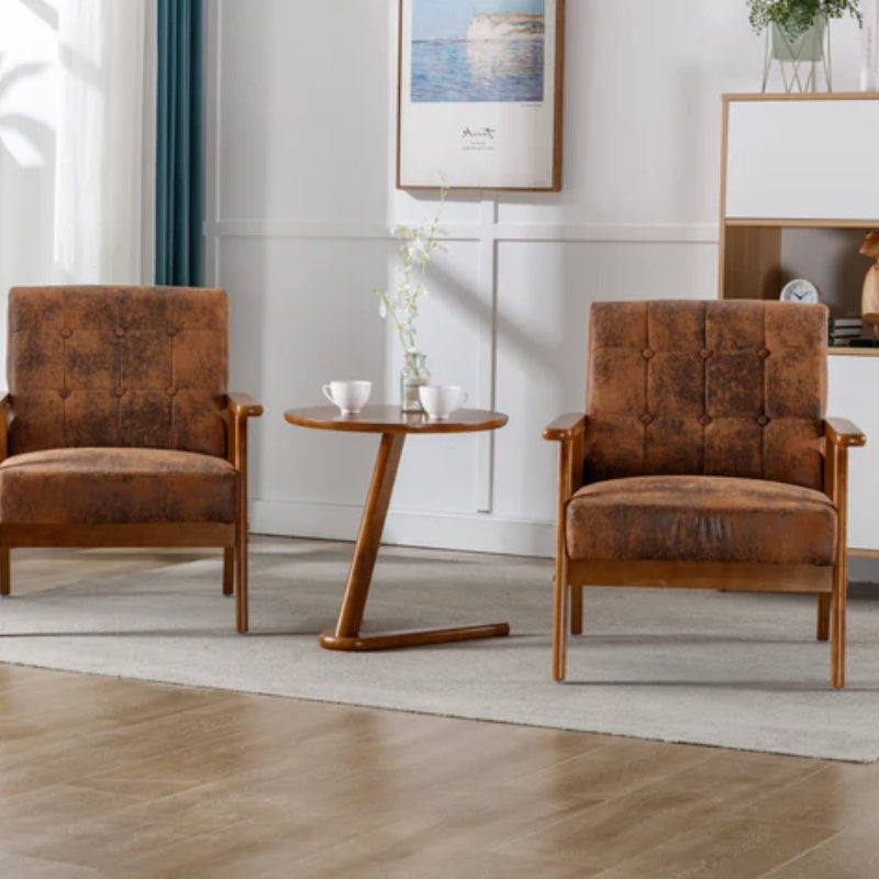 Accent Chairs Set of 2 with Side Table, Mid Century Modern Accent Chair, Wood and Fabric Armchairs Side Chair, Lounge Reading Comfy Arm Chair for Living Room, Bedroom, Office-海智集-Default-