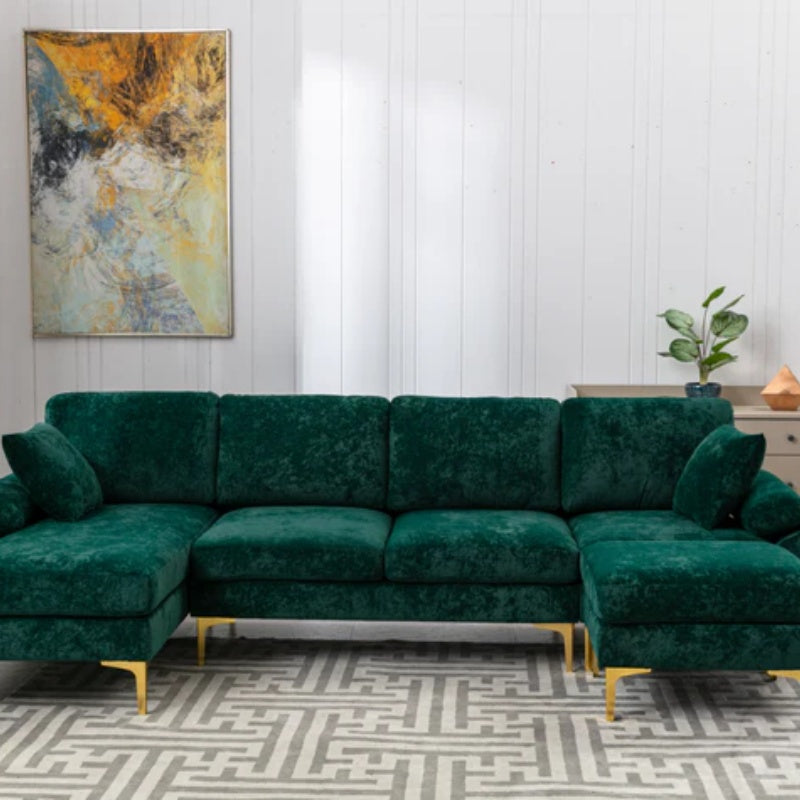 COOLMORE U-shape sectional sofa with Ottoman , Reversible Sofa Couch for Living Room,Spacious Furniture,Durable Couch Removable and machine washable cover (Emerald Velvet)-海智集-Default-