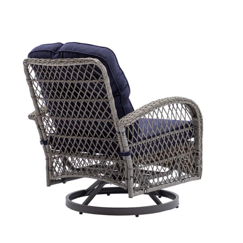 3 Pieces Outdoor Swivel Rocker Patio Chairs, 360 Degree Rocking Patio Conversation Set with Thickened Cushions and Glass Coffee Table for Backyard, Navy blue-海智集-Default-