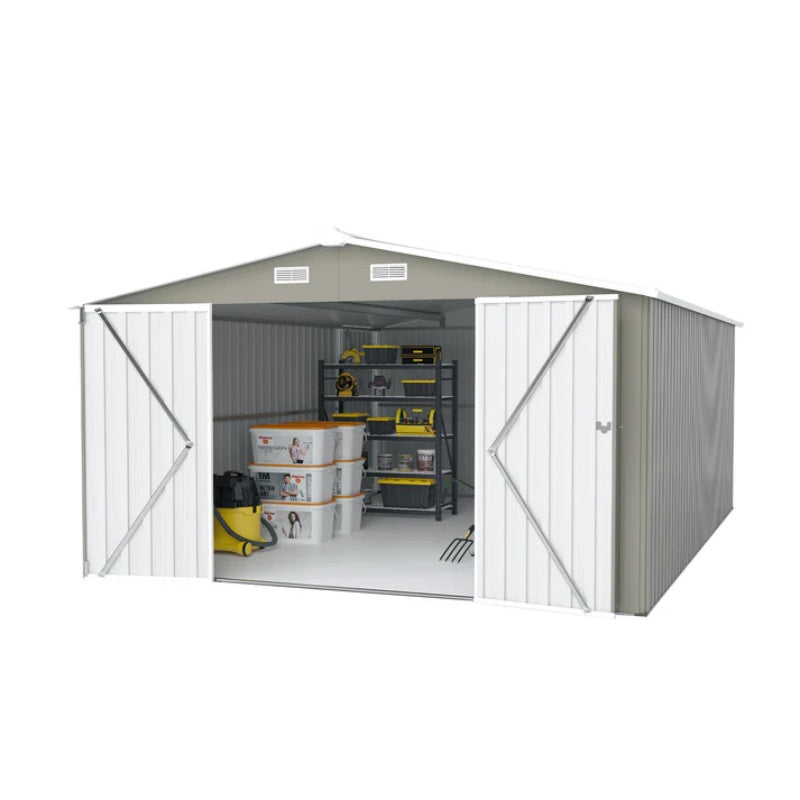 Campcraft Outdoor Storage Shed 10×14 FT with 3 Lockable Doors,Utility Tool Shed Metal Storage Garden Sheds Frame and 4 Vents,for Backyard,Patio,Lawn,Light Grey-海智集-Default-