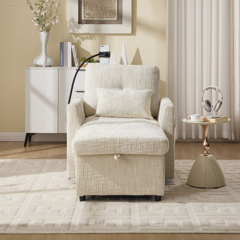 Multifunctional Lazy Person Sofa Recliner with Storage, Cell Phone Bracket, Beige Chenille, 49.21' x 32.27' x 34.25'-海智集-Default-