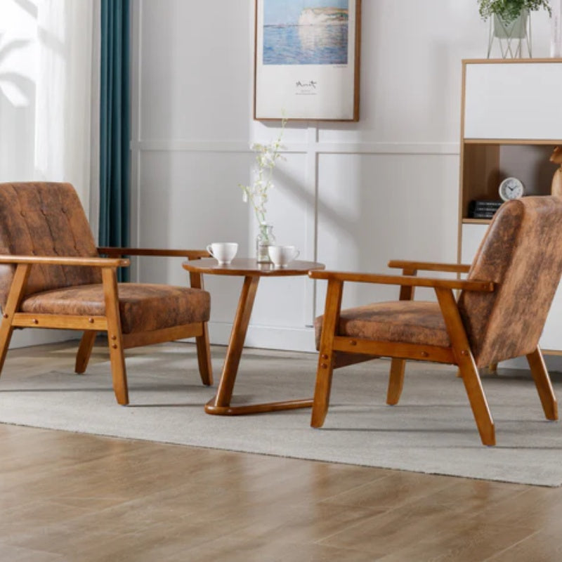 Accent Chairs Set of 2 with Side Table, Mid Century Modern Accent Chair, Wood and Fabric Armchairs Side Chair, Lounge Reading Comfy Arm Chair for Living Room, Bedroom, Office-海智集-Default-