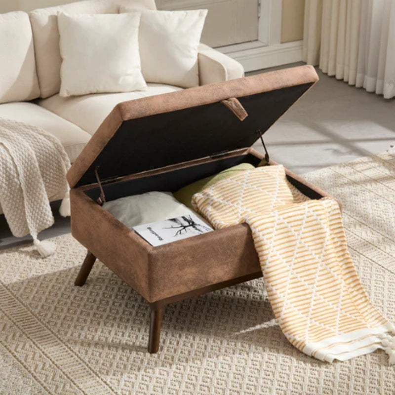 Mid-century modern square coffee table storage bench, assembled, suitable for living room, entryway and family room, used as a coffee table, stirrups, shoe bench-海智集-Default-