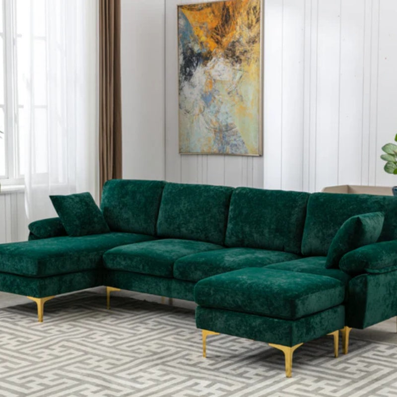 COOLMORE U-shape sectional sofa with Ottoman , Reversible Sofa Couch for Living Room,Spacious Furniture,Durable Couch Removable and machine washable cover (Emerald Velvet)-海智集-Default-