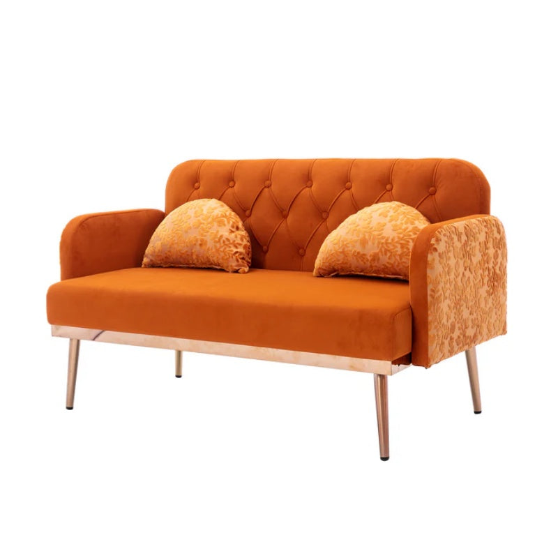 COOLMORE Modern Velvet Loveseat Sofa , Comfy Upholstered 2-Seater Sofa with Gold Metal Legs, Small Loveseat Accent Couch for Living Bedroom Leisure Areas (Orange Velvet)-海智集-Default-