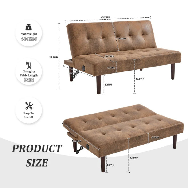 Foldable Fashion Sofa Bed High End Flannel Fabric Back Adjustable Sofa Recliner Futon, Modern Fashion Sofa with Charging Port, Suitable for Living Room Bedroom Office (Coffee color)-海智集-Default-