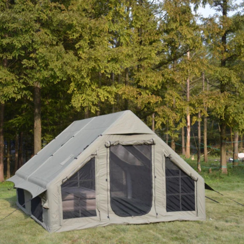 9.8 x13ft Inflatable Camping Tents with Hand Pump, Air Glamping Tents, Easy Setup Waterproof and Windproof Blow up Tent, 4 Seasons Oxford Cabin Tent with Mesh & Chimney Window. Army green-海智集-Default-