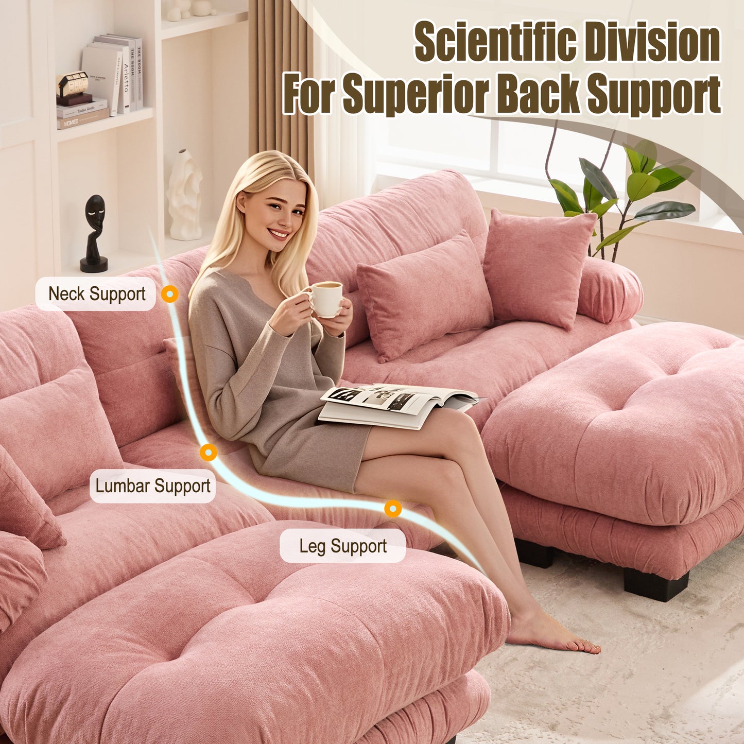 UNITED WE WIN Pelletized velvet U Shape Cloud Couch with 2 Ottomans,Free Combined 3 Seater Comfy Sofa with Bolster Armrest Pillows, sofa for Living Room-海智集-Default-