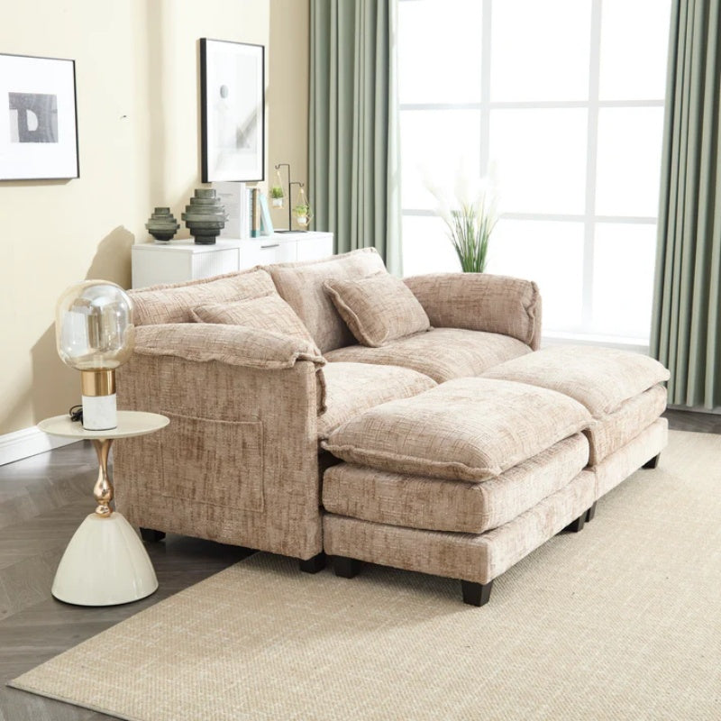 UNITED WE WIN Chenille fabric, solid construction, the overall structure of the sofa is stable, detachable armrests, two foot stools and two-seat sofa with side pockets-海智集-Default-
