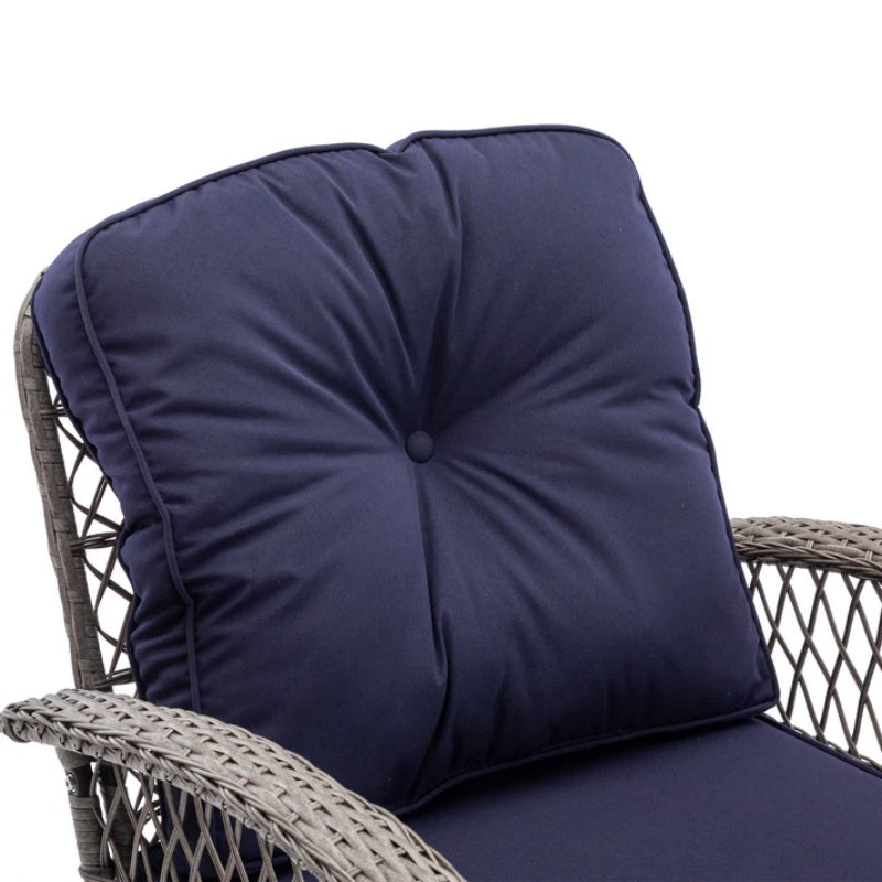 3 Pieces Outdoor Swivel Rocker Patio Chairs, 360 Degree Rocking Patio Conversation Set with Thickened Cushions and Glass Coffee Table for Backyard, Navy blue-海智集-Default-