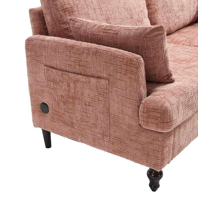 Modern Chenille 2-Seater Sofa with LED Light, USB Port, and Storage Bag in Pink-海智集-Default-