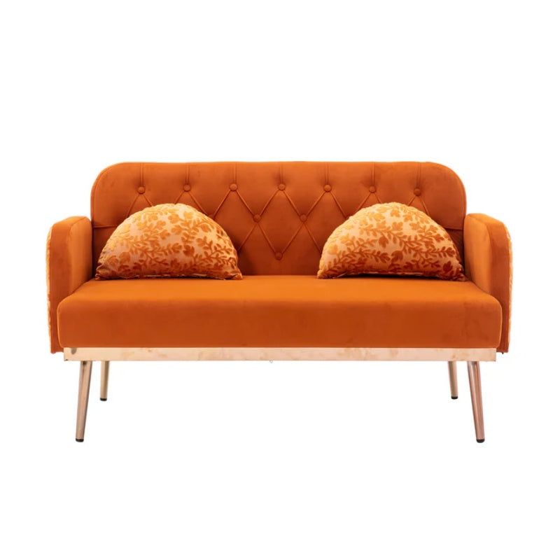 COOLMORE Modern Velvet Loveseat Sofa , Comfy Upholstered 2-Seater Sofa with Gold Metal Legs, Small Loveseat Accent Couch for Living Bedroom Leisure Areas (Orange Velvet)-海智集-Default-