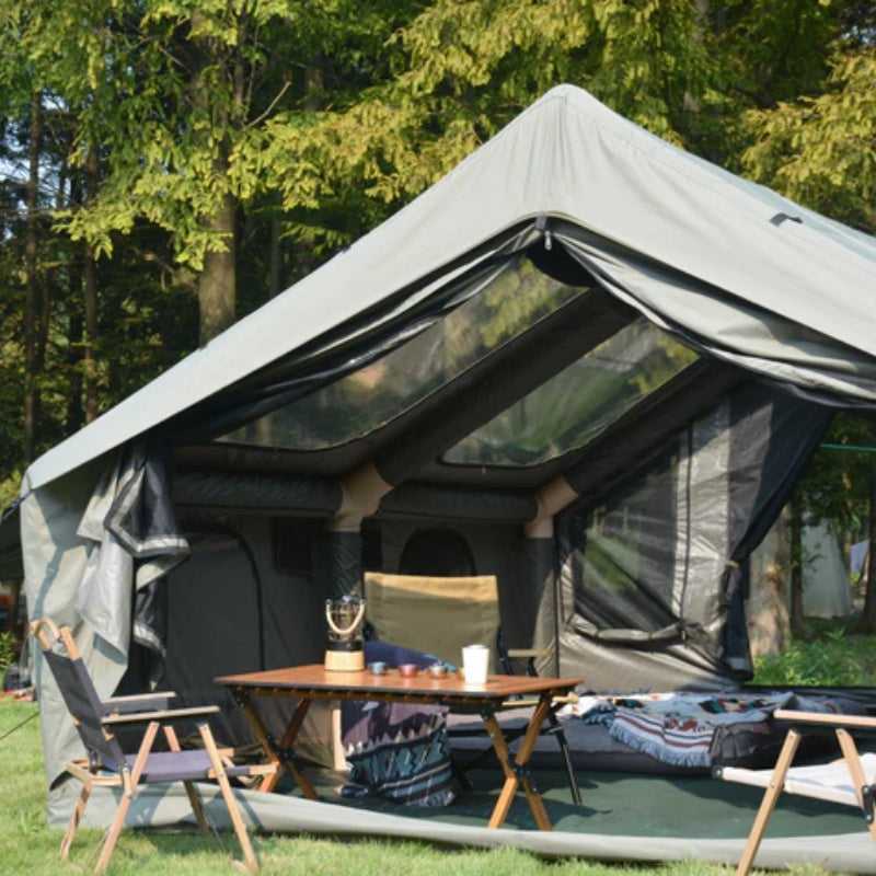 9.8 x13ft Inflatable Camping Tents with Hand Pump, Air Glamping Tents, Easy Setup Waterproof and Windproof Blow up Tent, 4 Seasons Oxford Cabin Tent with Mesh & Chimney Window. Army green-海智集-Default-