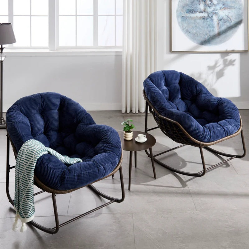 Outdoor Rattan Rocking Chair,Padded Cushion Rocker Recliner Chair Outdoor for Front Porch, Living Room, Patio, Garden, Navy blue-海智集-Default-