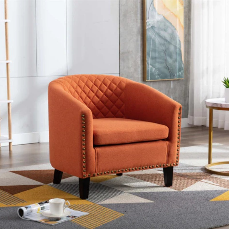 COOLMORE Barrel Chairs with Soft Padded Armrest, Club Chairs with nailheads and solid wood legs for Living Room Bedroom Waiting Room (Orange Linen)-海智集-Default-