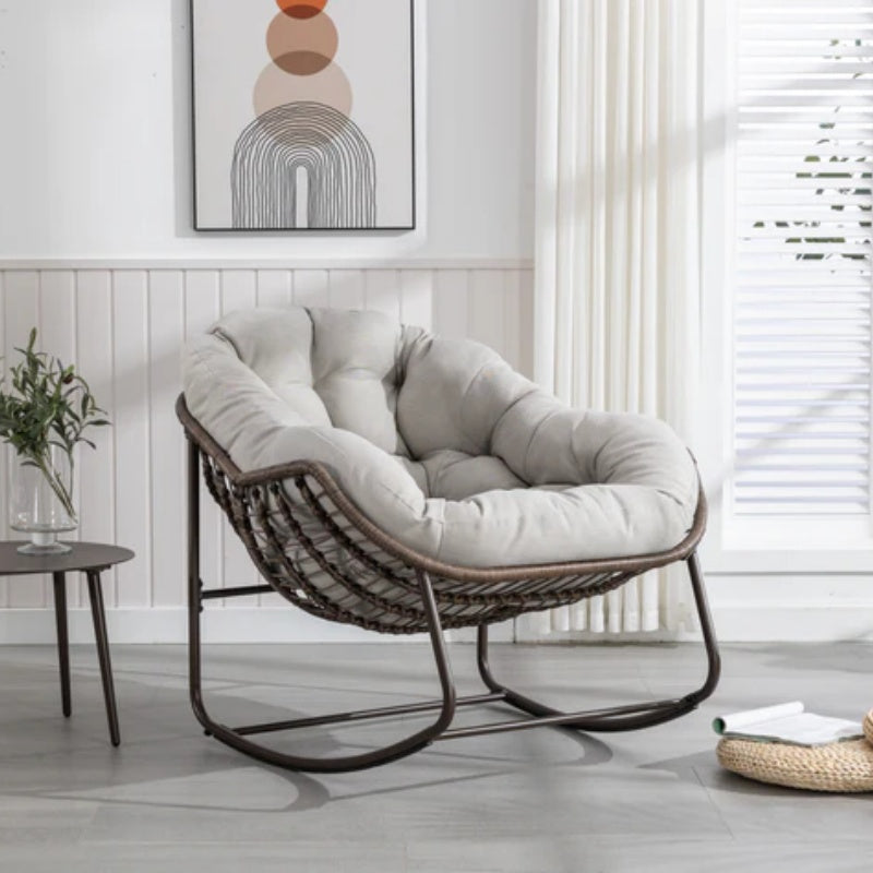 Outdoor Rattan Rocking Chair,Padded Cushion Rocker Recliner Chair Outdoor for Front Porch, Living Room, Patio, Garden, Beige-海智集-Default-