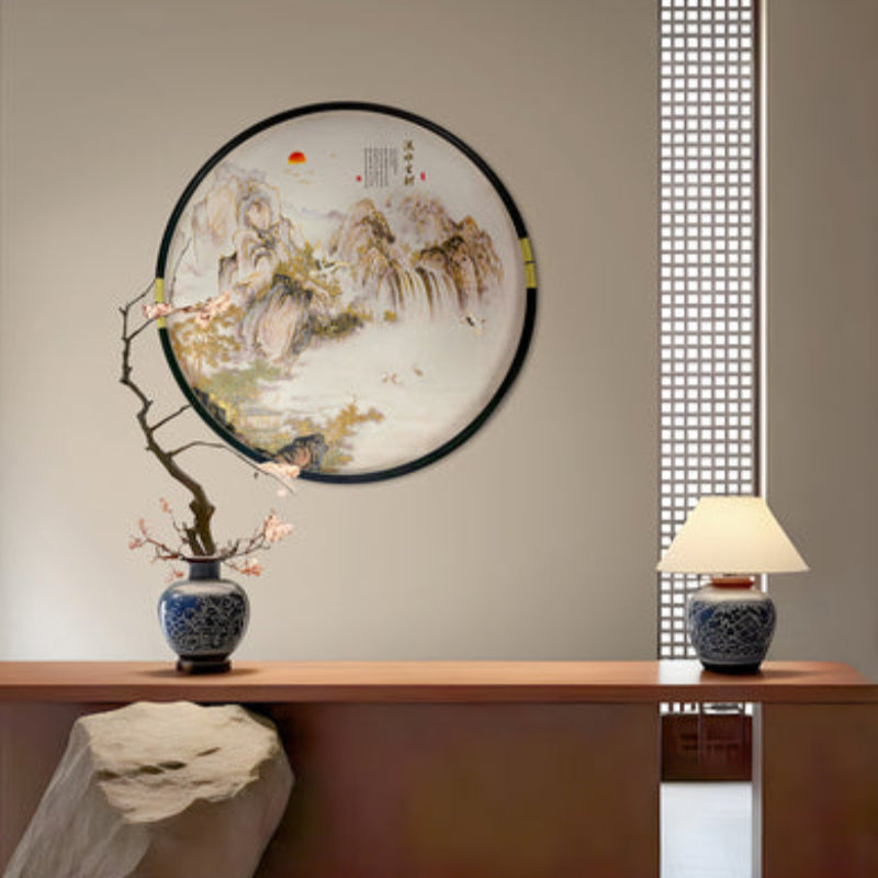 New Chinese Style Wall Art - Hand Painted Ink Landscape Canvas Painting with Wood Frame, Oriental Home Decor for Living Room/Bedroom/Office-海智集-