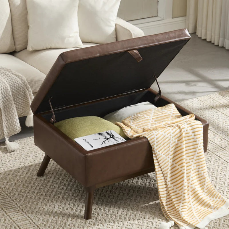 Mid-century modern square coffee table storage bench, assembled, suitable for living room, entryway and family room, used as a coffee table, stirrups, shoe bench-海智集-Default-