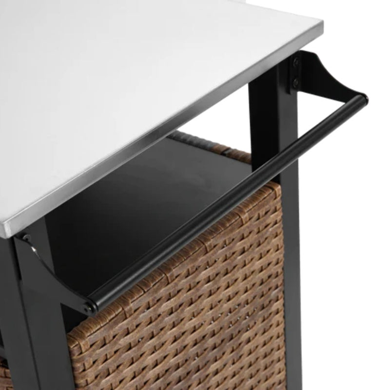 Single door bar cart,Outdoor Kitchen Wicker Island Rolling Cart & Storage Cabinet, Wheels and Stainless Steel Extended Table Top, Side Handle for Patio Kitchen or Bar Cart, Brown-海智集-Default-