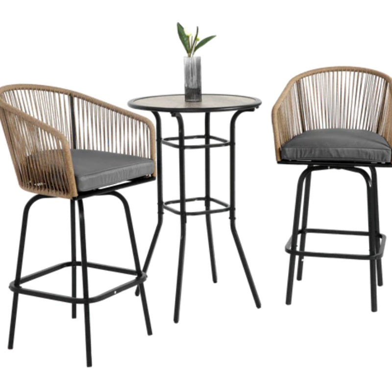 3pcs Outdoor Bar Set, Patio Bar Table and Chairs Set, Bar Height Patio Set - 2 x Swivel Bar Chairs , 1 x Round Bar Table(DPC Wood-Like)-Grey-海智集-Default-