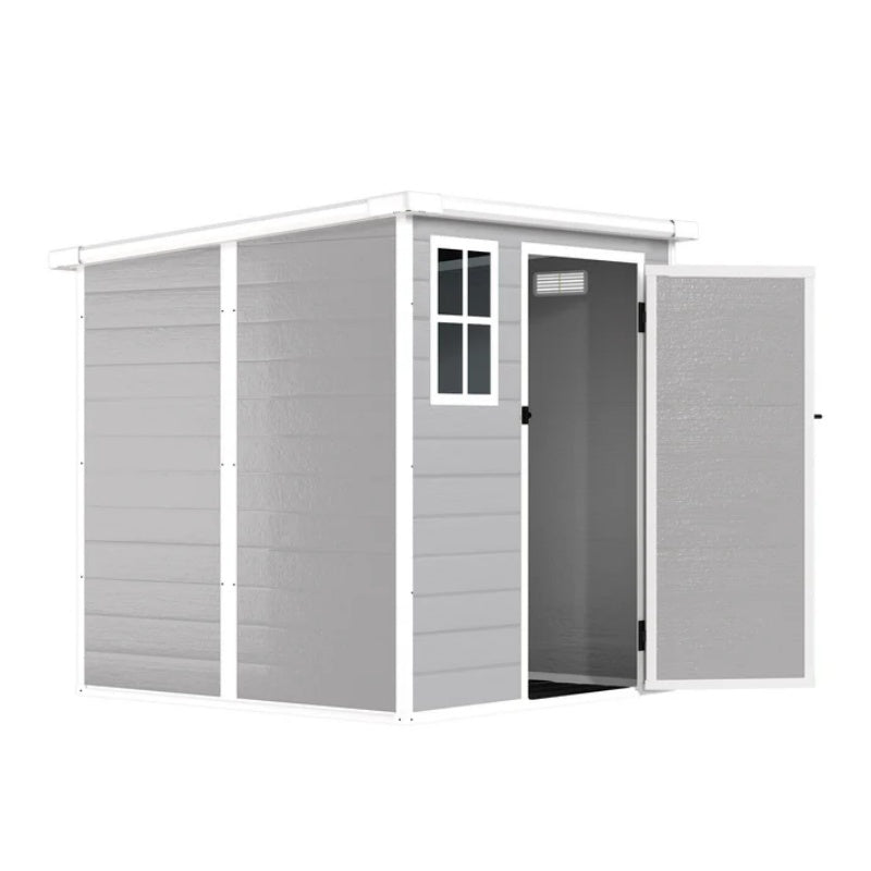 6x6 FT Storage Shed, Waterproof Resin Outdoor Storage Shed with Floor & Window & Lockable Doors and Vents, Tool Shed for Bike, Garden, Backyard,Lawn, All Weather Use, Light Grey-海智集-Default-