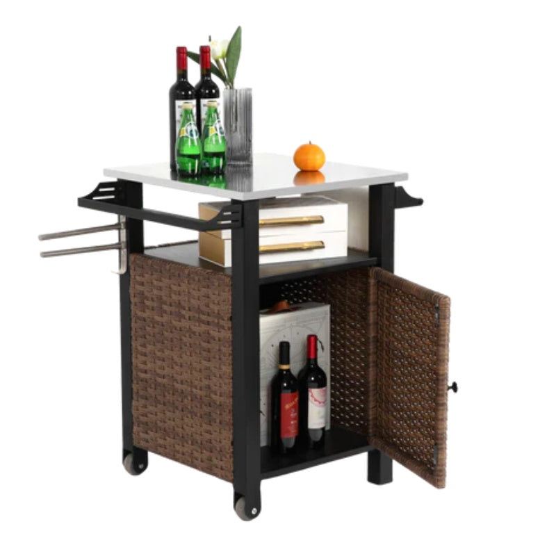 Single door bar cart,Outdoor Kitchen Wicker Island Rolling Cart & Storage Cabinet, Wheels and Stainless Steel Extended Table Top, Side Handle for Patio Kitchen or Bar Cart, Brown-海智集-Default-