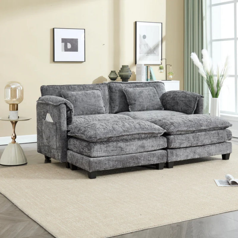 UNITED WE WIN Chenille fabric, solid construction, the overall structure of the sofa is stable, detachable armrests, two foot stools and two-seat sofa with side pockets-海智集-Default-