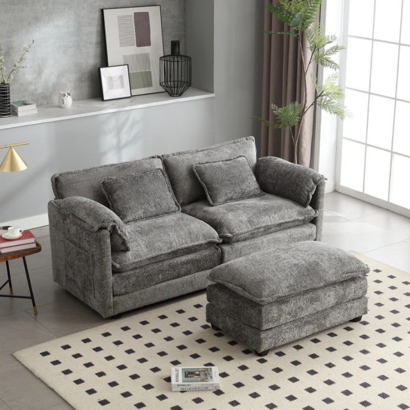 UNITED WE WIN Chenille fabric, removable armrests with side pockets, high density sponge filling, oversized double sofa with footstool-海智集-Default-