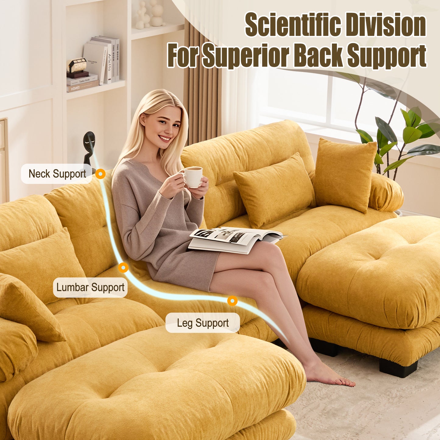 UNITED WE WIN Pelletized velvet U Shape Cloud Couch with 2 Ottomans,Free Combined 3 Seater Comfy Sofa with Bolster Armrest Pillows, sofa for Living Room-海智集-Default-