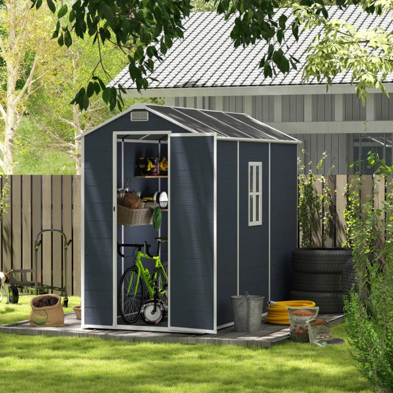 Campcraft 4*8ft resin storage shed, high quality pp material, strong structure, waterproof, rust and UV proof, large storage space, 12mm thick pp board, HD window lighting Dark gray-海智集-Default-