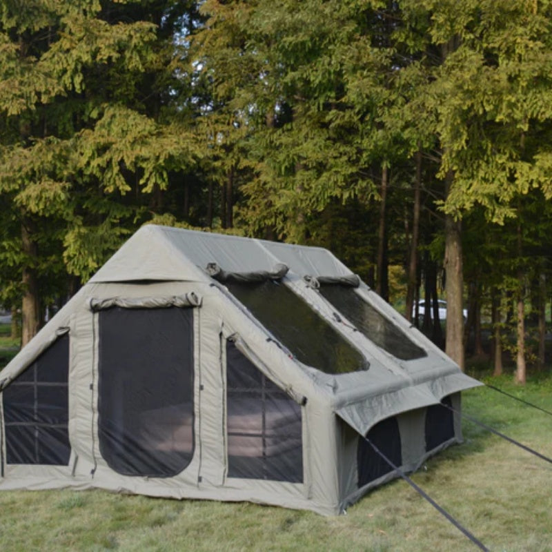 9.8 x13ft Inflatable Camping Tents with Hand Pump, Air Glamping Tents, Easy Setup Waterproof and Windproof Blow up Tent, 4 Seasons Oxford Cabin Tent with Mesh & Chimney Window. Army green-海智集-Default-