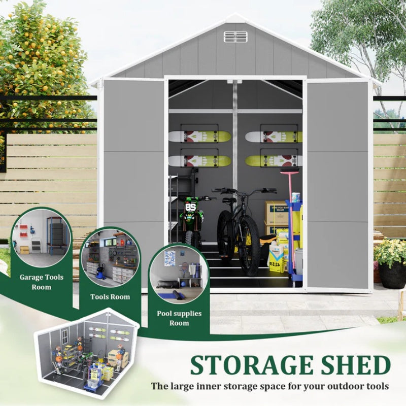 Campcraft 8*10ft resin storage shed, high quality pp material, strong structure, waterproof, rust and UV proof, large storage space, 12mm thick pp board, HD window lighting-海智集-Default-