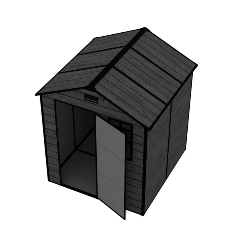 Campcraft 6*6ft resin storage shed, high quality pp material, strong structure, waterproof, rust and UV proof, large storage space, 12mm thick pp board, HD window lighting Black wood grain color-海智集-Default-