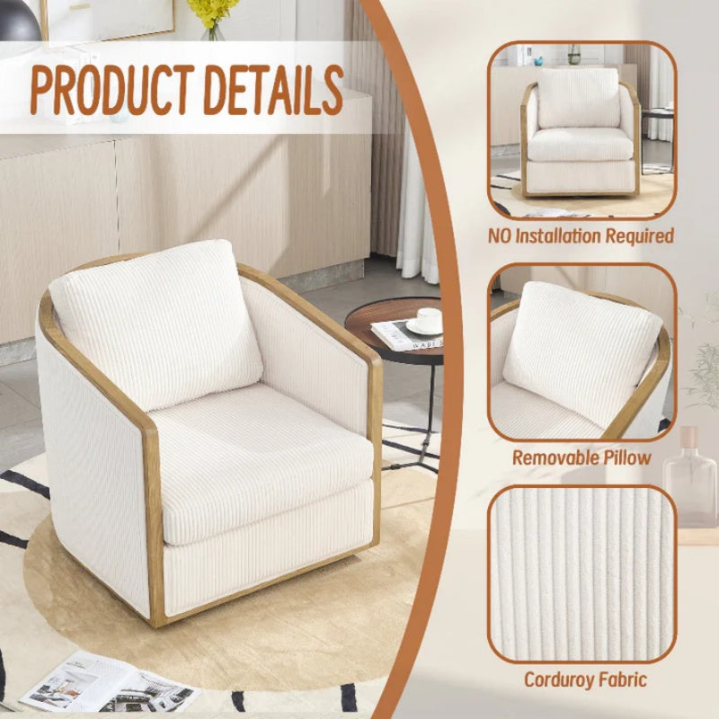 Corduroy Swivel Barrel Chair, Comfortable Accent Sofa Chair, 360 Degree Swivel, Beige, Corduroy, 30.12''x35.04''x30.31''-海智集-Default-