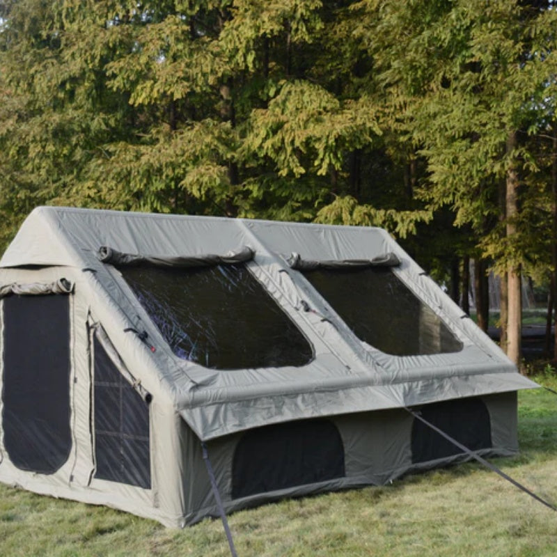 9.8 x13ft Inflatable Camping Tents with Hand Pump, Air Glamping Tents, Easy Setup Waterproof and Windproof Blow up Tent, 4 Seasons Oxford Cabin Tent with Mesh & Chimney Window. Army green-海智集-Default-