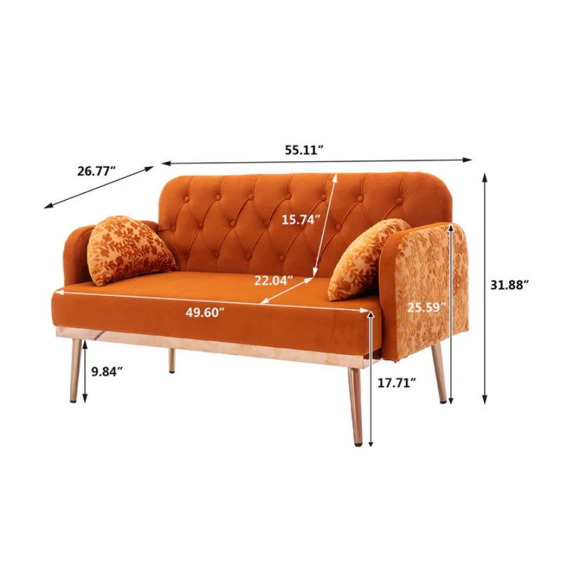COOLMORE Modern Velvet Loveseat Sofa , Comfy Upholstered 2-Seater Sofa with Gold Metal Legs, Small Loveseat Accent Couch for Living Bedroom Leisure Areas (Orange Velvet)-海智集-Default-