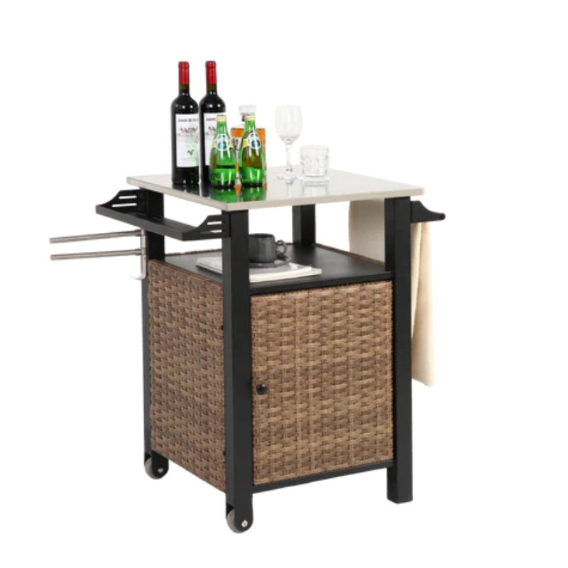 Single door bar cart,Outdoor Kitchen Wicker Island Rolling Cart & Storage Cabinet, Wheels and Stainless Steel Extended Table Top, Side Handle for Patio Kitchen or Bar Cart, Brown-海智集-Default-