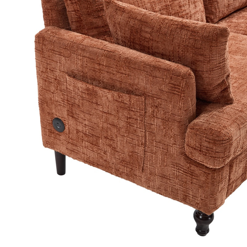 Modern Style Chenille 2-Seater Sofa with LED Light, USB Charging Port & Storage Bag in Orange-海智集-Default-