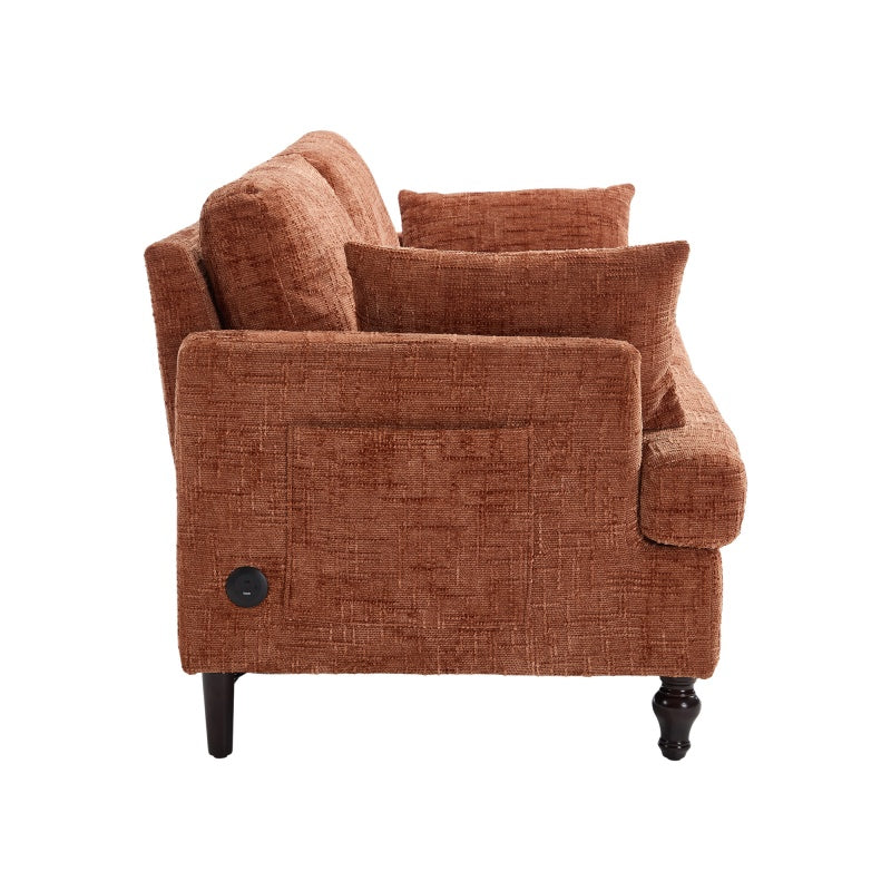 Modern Style Chenille 2-Seater Sofa with LED Light, USB Charging Port & Storage Bag in Orange-海智集-Default-