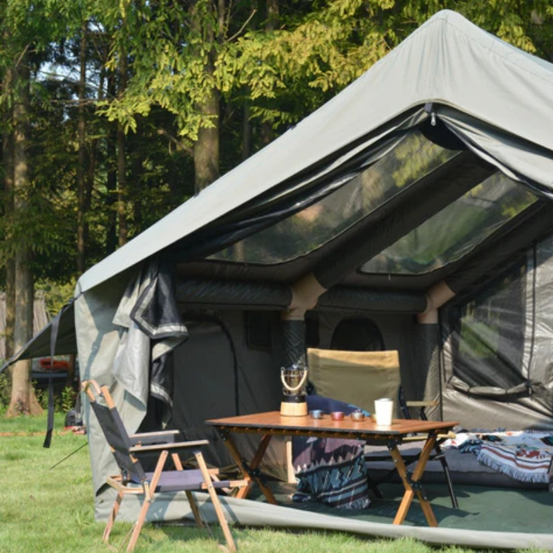 9.8 x13ft Inflatable Camping Tents with Hand Pump, Air Glamping Tents, Easy Setup Waterproof and Windproof Blow up Tent, 4 Seasons Oxford Cabin Tent with Mesh & Chimney Window. Army green-海智集-Default-