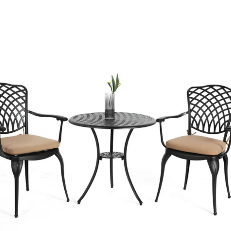3 Piece Patio Bistro Set Cast Aluminum Bistro Table and Chairs Set of 2 with Umbrella Hole,All Weather Metal Bistro Table Set,Outdoor Patio Furniture Set for Garden Black with cushion-海智集-Default-