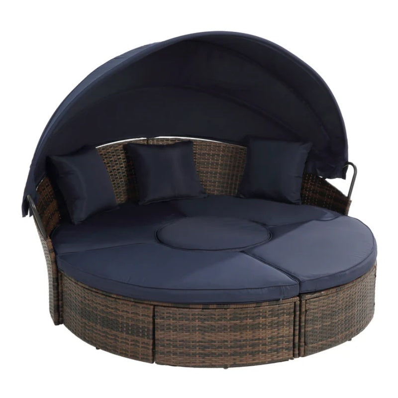 Hot Sale KD Rattan Round Lounge With Canopy Bali Canopy Bed Outdoor, Wicker Outdoor Sofa Bed with lift coffee table-海智集-Default-