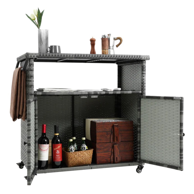 Outdoor Wicker Bar Cart, Patio Wine Serving Cart w/Wheels , Rolling Rattan Beverage Bar Counter Table w/Glass Top for Porch Backyard Garden Poolside Party, Light brown-海智集-Default-