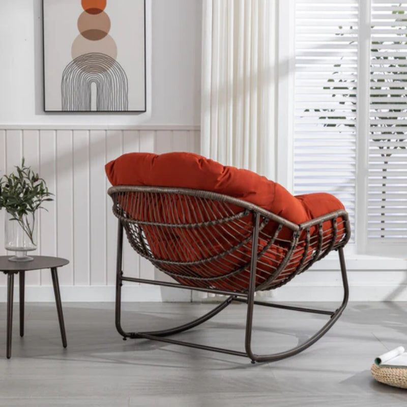 Outdoor Rattan Rocking Chair,Padded Cushion Rocker Recliner Chair Outdoor for Front Porch, Living Room, Patio, Garden, Orange-海智集-Default-