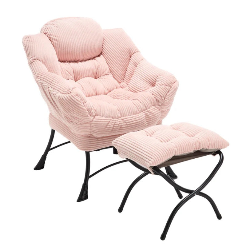 Lazy Chair with Ottoman, Modern Lounge Accent Chair with Armrests and a Side Pocket, Leisure Upholstered Sofa Chair Reading Chair with Footrest for Small Space, Corner Chair-Pink-海智集-Default-
