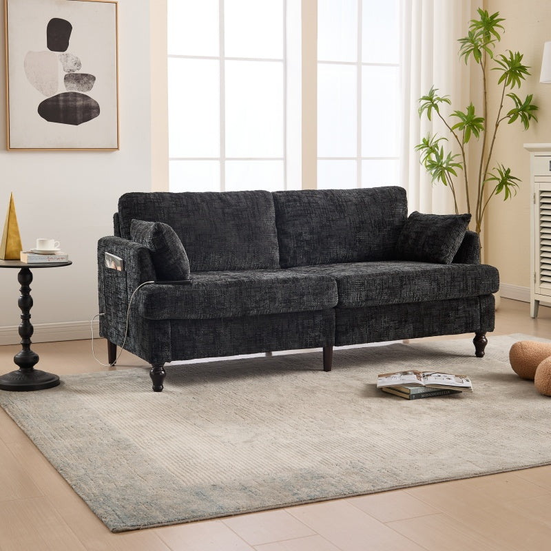 Modern Style Chenille 2-Seater Sofa with LED Light, USB Port and Storage Bag in Black-海智集-Default-